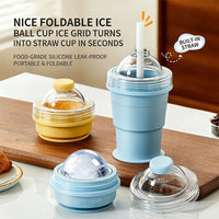 Portable 2-in-1 Folding Silicone Ice Ball Cup Water Bottle Summer Camping Supplies Collapsible Ice Sphere Mold with Straw Lid